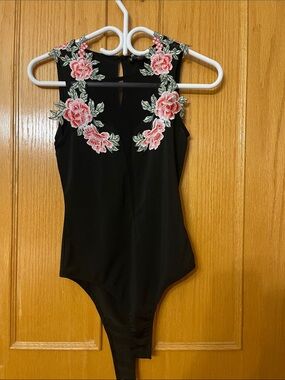 Simons Black Bodysuit with Pink Rose Appliqué